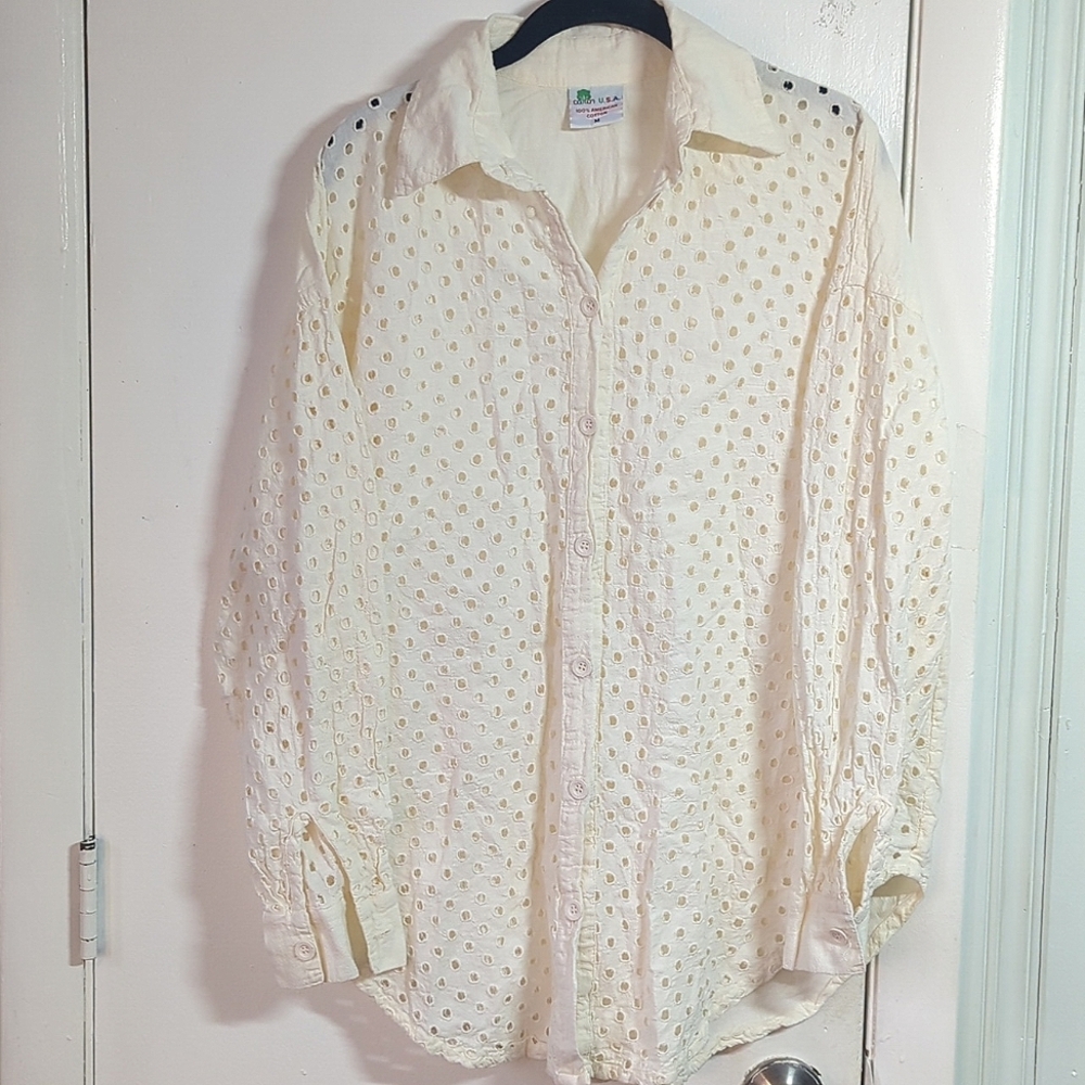 EUC 100% Cotton Made in the USA sz M Eyelet Button Down Vintage 80s 90s
